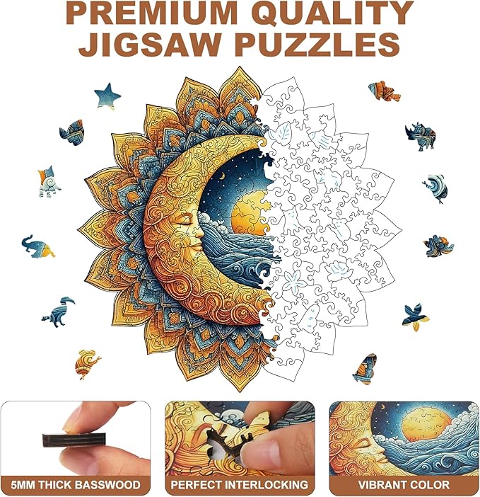 200 Pieces Sun and Moon Wooden Puzzles for Adults, Moon Unique Shaped Wooden Jigsaw Puzzles for Adults, Irregular Adult Wood Puzzle Creative Gift for Family Game 10x10 in