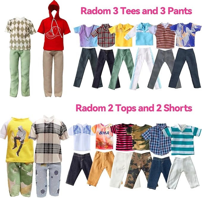 13 Pieces Doll Clothes and Accories for 11.5 Inch Boy Doll Outfit, Random 5 Tops, 5 Pants, 2 Pairs of Shoes, One Pair of Swimming Trunks