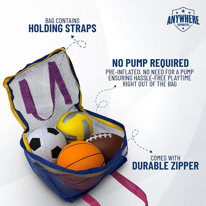 Nature Bound Mini 4-Ball Sports Bag - Soft Foam Balls Set for Kids - Basketball, Soccer, Volleyball, Football - Safe Indoor and Outdoor Play - No Pump Required - Mesh Storage Bag Included