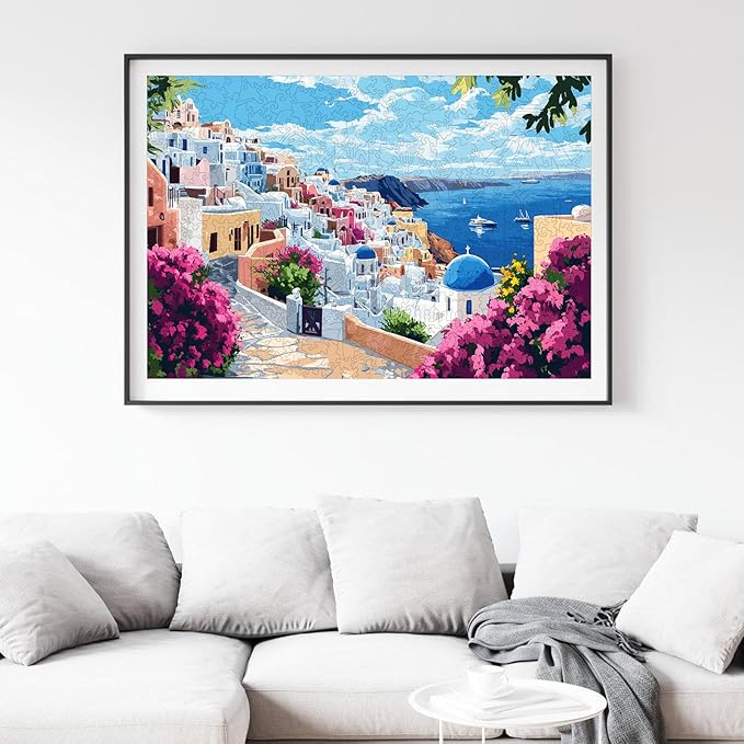 Mys Aurora Scenery Puzzles for Adults, Santorini Wooden Puzzles, 200 Pieces Unique Shaped Jigsaw Puzzle Birthday Gift Challenging Family Game for Kids and Adults 12.6 * 8.6 inch