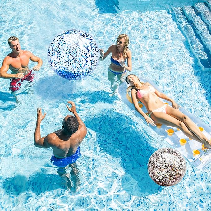 5 Pcs Inflatable Beach Balls, 16 Inch & 24 Inch Large Confetti Glitter Beach Balls, Sequins Clear Blow up Pool Balls Toys for Christmas Party Decorations 2026 New Year Birthday Summer Swimming Pool