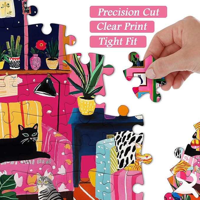 PICKFORU Cat Puzzles for Adults 1000 Pieces, Colorful Kitty Plant Puzzles for Adults, Difficult Art Living Room Jigsaw Puzzle as Home Decor