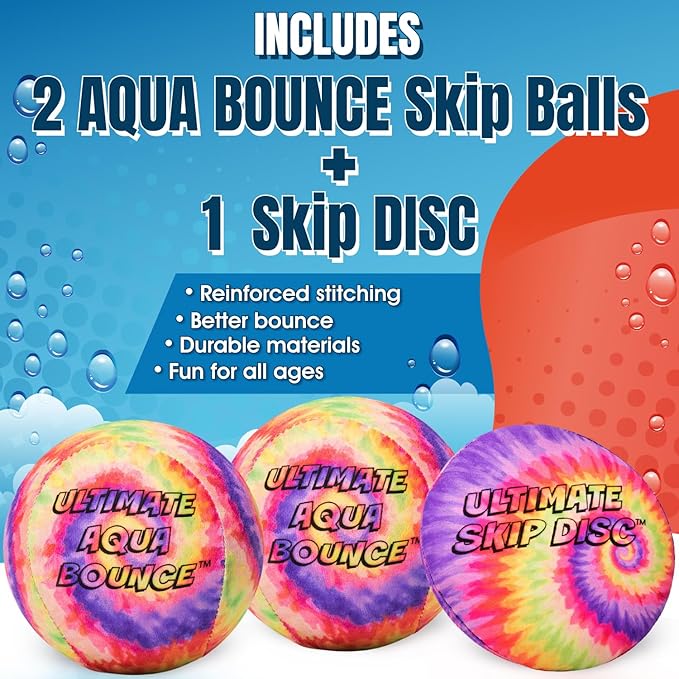 Activ Life Ultimate Skip Ball, Large 3" - 2 Water Skip Balls with 1 Skip Disc - Water Bouncing Ball Set for Beach, Pool & Lake Games - Fun Summer Toys for Kids, Teens, Adults & Families