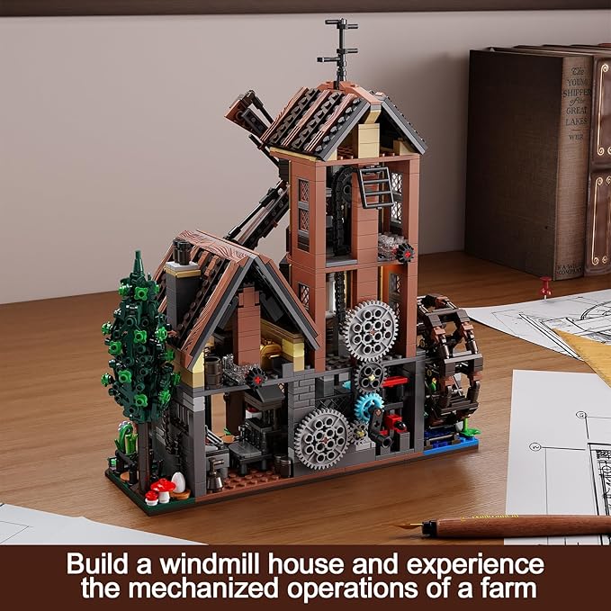 Wood Cabin Building Set with Light, Mechanical Farm House Building Block Toys with Rotating Windmill Waterwheel Castle Architecture Model Set 1436 Pcs for Adults Teens Kids Boys Girls 10-12+