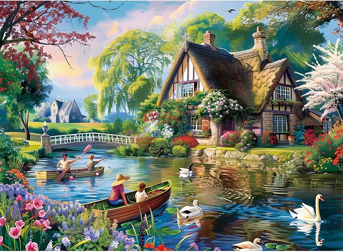 500 Pieces Puzzle for Adults,Waterside Cottage Puzzle,Recycled Cardboard Peaceful Pond Puzzles 500 Pieces,Challenging Game Home Decor Birthday Party Gift for Adults Seniors 20.5 * 15 in