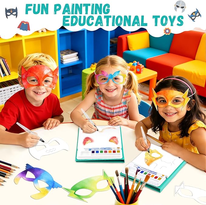 Paint with Water Coloring Books for Kids, 24 Pcs Paper Mache Masks Half Face, Hero Mask Painting Book, Mess Free Watercolor Painting Kit, Painting Activity for Boy Gift Ages 3-5 4-8 for Birthday Party Halloween Christmas