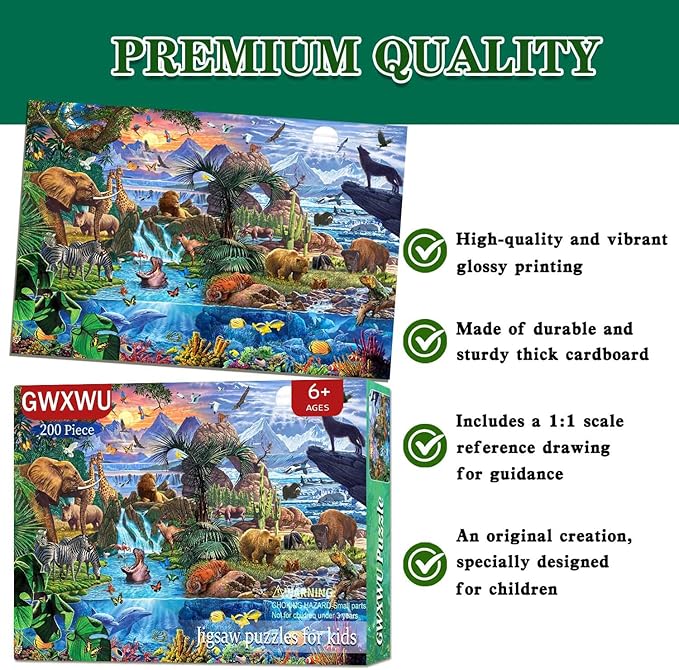 Puzzles for Kids Ages 6-8 8-10 Year Old - World Wildlife Panorama,200 Pieces Jigsaw Puzzles for Kids, Learning Educational Toys for Boys and Girls