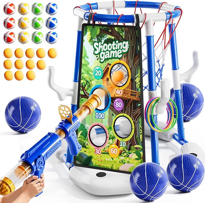 Pool Basketball Hoop, 4-in-1 Floating Pool Toys Ring Game with 4 Balls, Air Pump Launcher and Sticky Balls, Outdoor Swimming Pool Basketball Game Water Toy Family Party for Kids Age 3-12