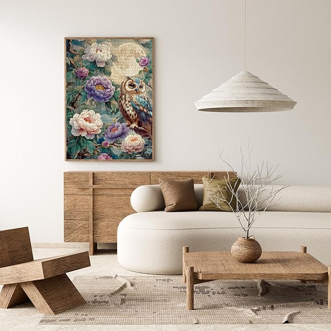 Vintage Owl Puzzles for Adults 1000 Pieces, Pretty Flower Bird Nature Plant Jigsaw Puzzles, Art Beautiful Animal Moon Floral Peony Puzzle