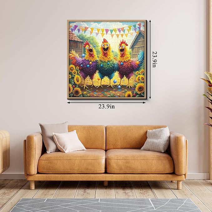 Funny Chicken Puzzles for Adults 1000 Pieces, Colorful Rooster Farm Jigsaw Puzzles, Happy Sunflower Barnyard Party Puzzle
