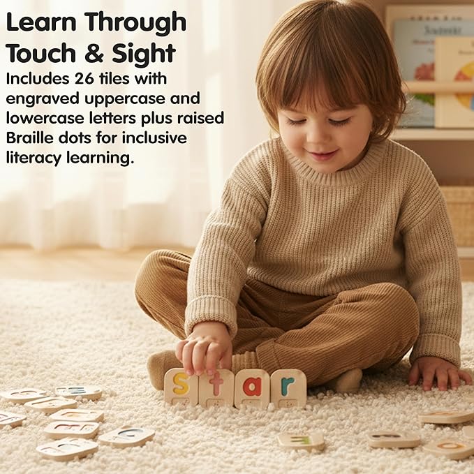 PlanToys Braille Alphabet A-Z Braille-Reading Alphabet Learning Toys - 26 Sustainably-Made Traceable Wooden Tiles with Upper and Lower Case Letters and Braille