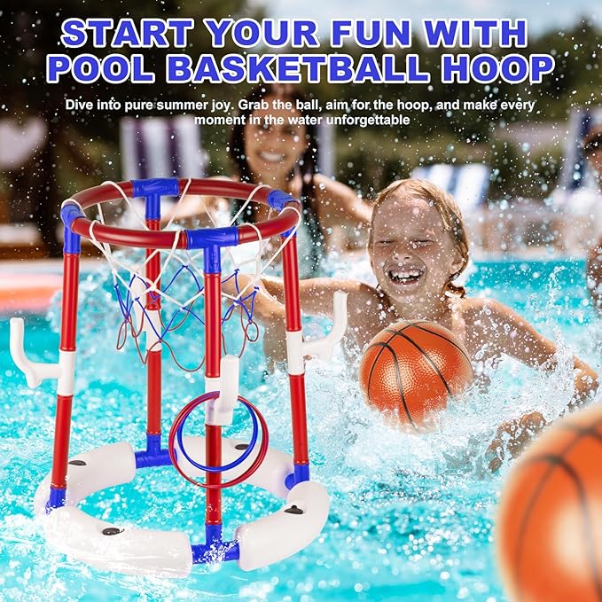 2-in-1 Floating Pool Basketball Hoop with 4 Balls, 6 Rings & Pump, Stable Water Basketball Hoop & Ring Toss Pool Games for Ages 4-8, 8-12, Summer Party Fun & Outdoor Indoor Family Pool Toys