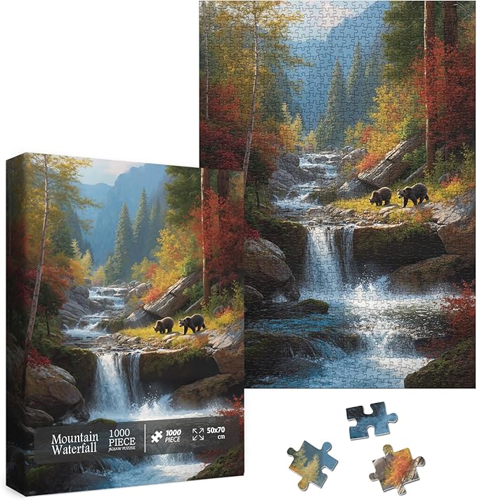 Autumn Waterfall Landscape Puzzles for Adults 1000 Pieces, Nature Forest Mountain Scenic Jigsaw Puzzle, Challenging Fall Plant Tree River Bear Puzzle