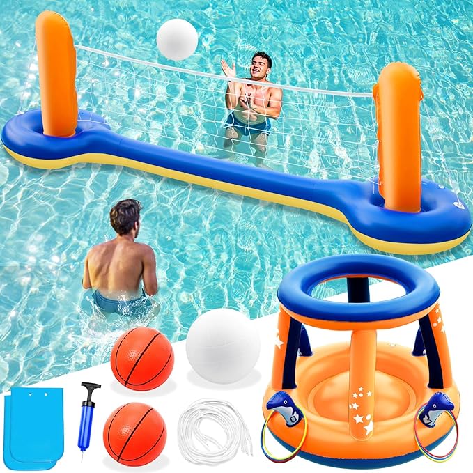 Jasonwell Pool Toys Games Set - 3 in 1 Pool Volleyball Net Basketball Hoop Ring Toss Game Inflatable Floats Water Floating Volleyball Swimming Pools Games Party Gift for Kids Adults (Orange&Blue, L)