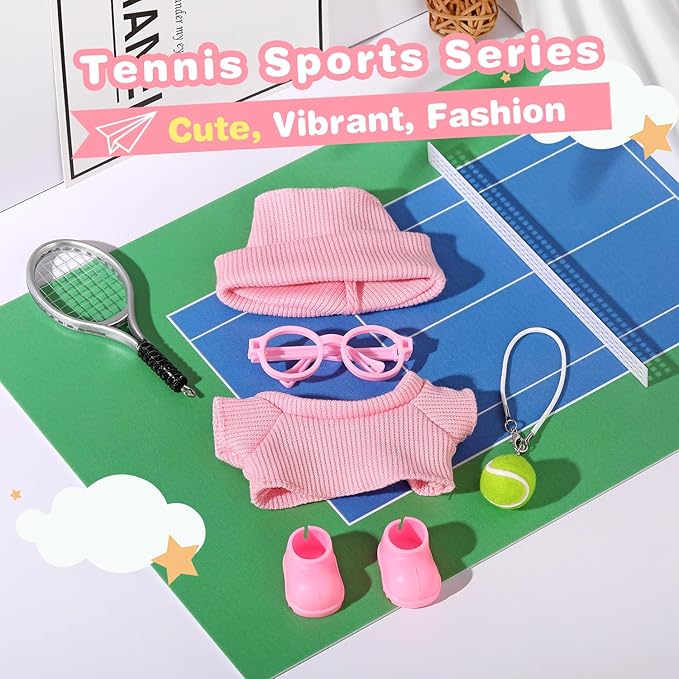 Doll Clothes for Labubu 17cm 6-Piece Tennis Sports Set for Big into Energy & Have a Seat & Exciting Macaron Series Dolls, for 17cm Dolls Accessories (Pink)