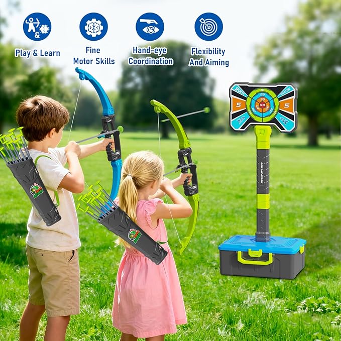 OCHIDO 2 Pack Bow and Arrow for Kids, 3in1 LED Light Up Archery Set with 4 Target, 12 Suction Cup Arrows, Quivers and Storage Box, Indoor Outdoor Sport Games Gifts for Boys 5 6 7 8 9 10 11 12 Year Old