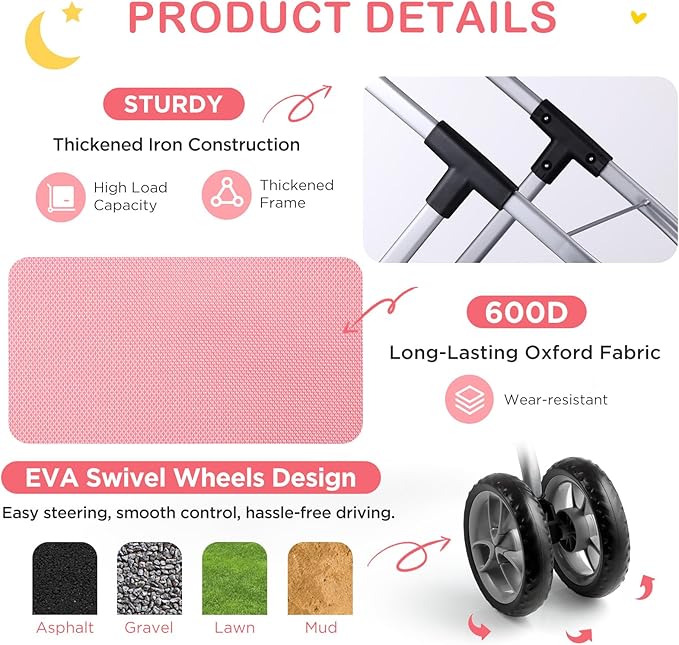 GAGAKU Baby Doll Stroller, Toy Stroller with Canopy, Double Front Wheels, Storage Basket & Adjustable Belt, Lightweight Pretend Play Stroller for Kids Ages 3+, Pink/Gray