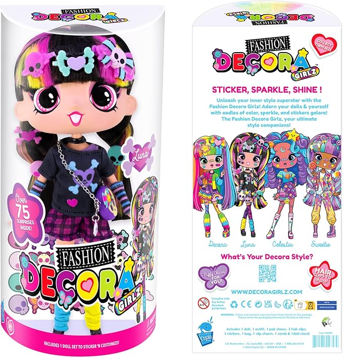 Decora Fashion Girlz 11" Doll - Luna Stickers & Endless Style Fun for Creative Play