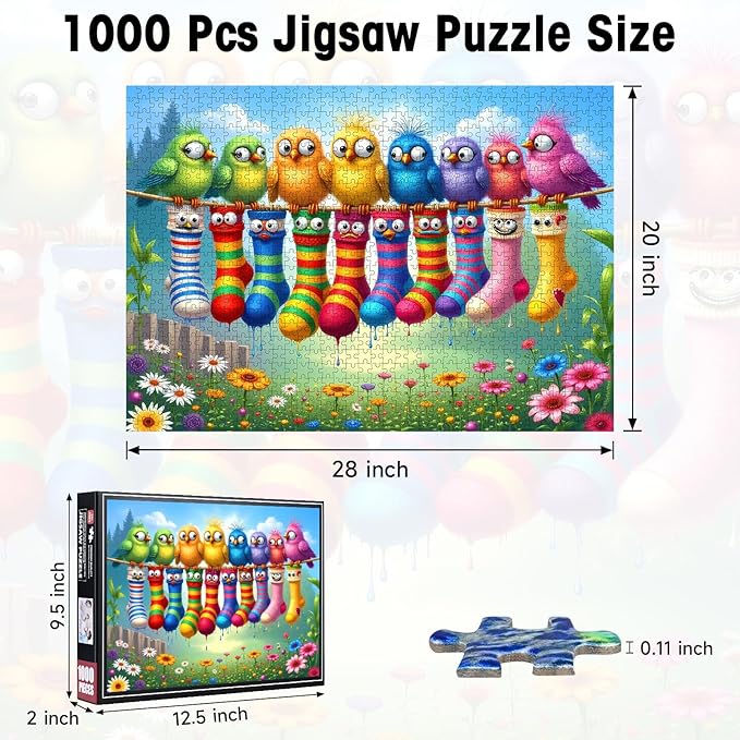Funny Birds Puzzles for Adults 1000 Pieces, Cute Colorful Cartoon Bird on Clothesline & Socks Art Puzzle with Letters on Back, 28x20 Challenging Wall Decor, Family Game, Easter