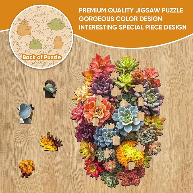 Delobi Succulent Waterfall Wooden Puzzles, 200 Pieces Jigsaw Puzzles 12.6'' x 9'', Unique Design Wooden Puzzles for Adults and Kids, Family Game Gift