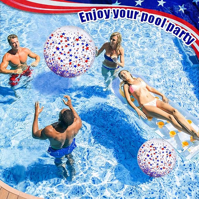 TURNMEON 5 Pack American Flag Beach Balls 24 Inch & 16 Inch Patriotic Pool Toys, Red White Blue Star Confetti Glitter Inflatable Clear Balls for 4th of July Independence Day Pool Parties