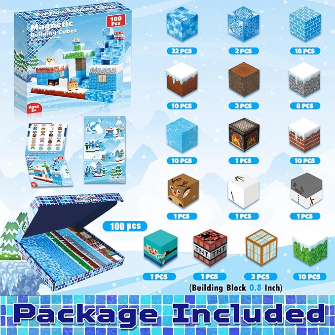 Magnetic Blocks - 100PCS Magnetic Building Blocks Glacier Castle, STEM Montessori Sensory Toys for Toddlers Kids Boys Girls Ages 3 4 5 6 7 8 9 10 Holiday Easter Birthday Gifts