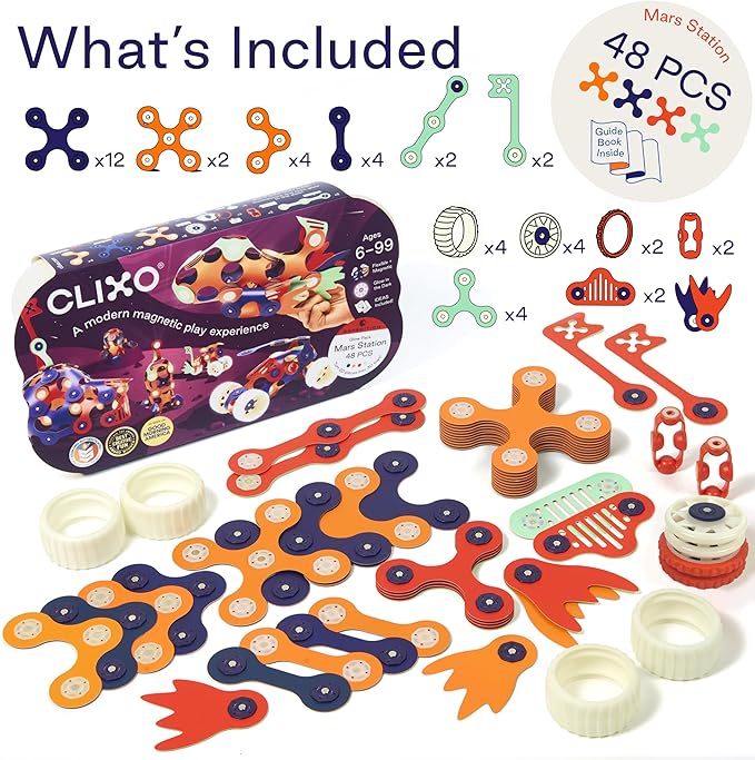 Clixo Mars Station Pack - 48 Magnetic Pieces in 14 Shapes. Flexible STEM Building Glow-in-The-Dark Set with All-Terrain Wheels & Galactic Adventure. Build Rovers, Spaceships & Labs. Ages 6+