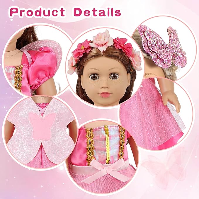 American 18 Inch Doll Makeup Accessories and Butterfly Fairy Theme Set,Included 2 Pieces Clothes,Flower Wreath Headwear,Eyelash Brush,Eye Shadow,Bracelet,Butterfly Strap and Hair Clip(NO Doll)