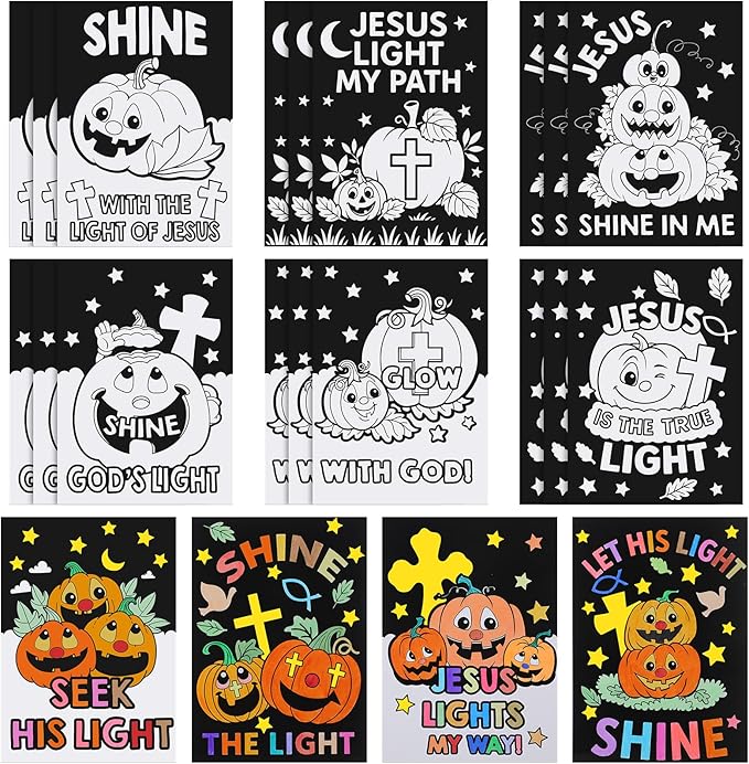 Zhanmai 30 Pcs Color Your Own Christian Pumpkin Halloween Posters DIY Christian Crafts Color Your Own Religious Bible Poster Bulk for Home Sunday School Holiday Halloween Party Activities