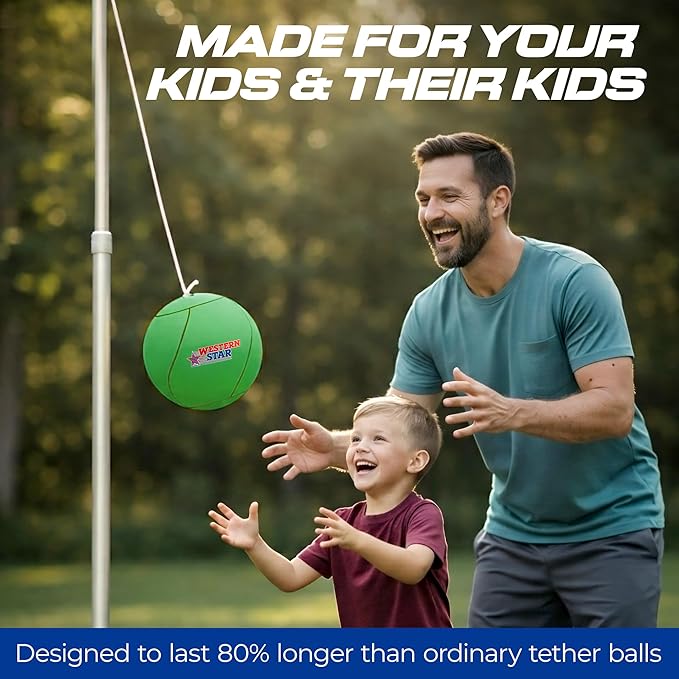 Western Star Tetherball Game Set - Soft-Touch Tether Ball with 2 Reinforced Attached Ropes - Outdoor - 4 Colors - Classic Family Game