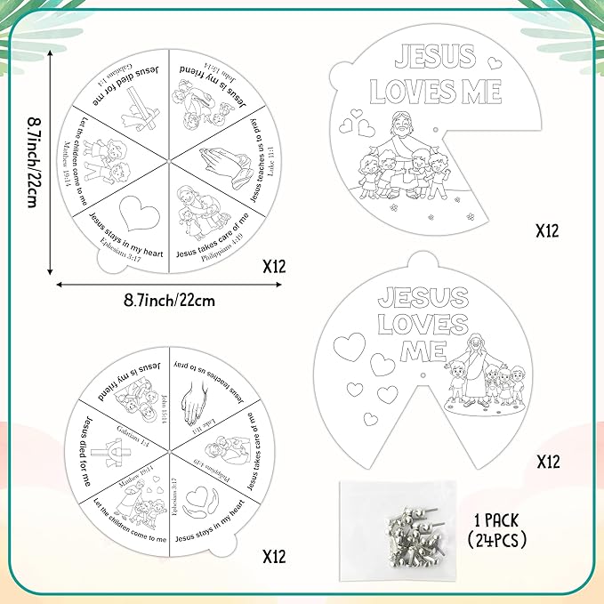 COcnny Religious Coloring Wheel Craft- 24 Sets Color Your Own Christian Art Craft DIY Coloring Cards for Kids, Jesus Loves Me Paper Craft Art for Sunday School Home Class Biblical VBS Activities