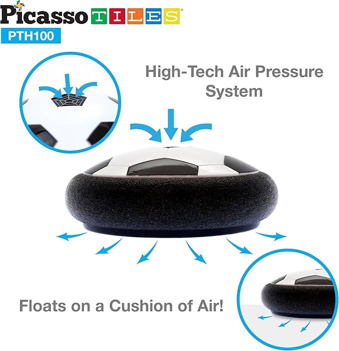 PicassoTiles Hoverball Air Hockey Soccer Floating Disc with LED Light Airlift Power Soft Bumper Indoor Gliding Toy Battery Operated Movement Training Game for Physical Activity Kids Age 3 Plus PTH100