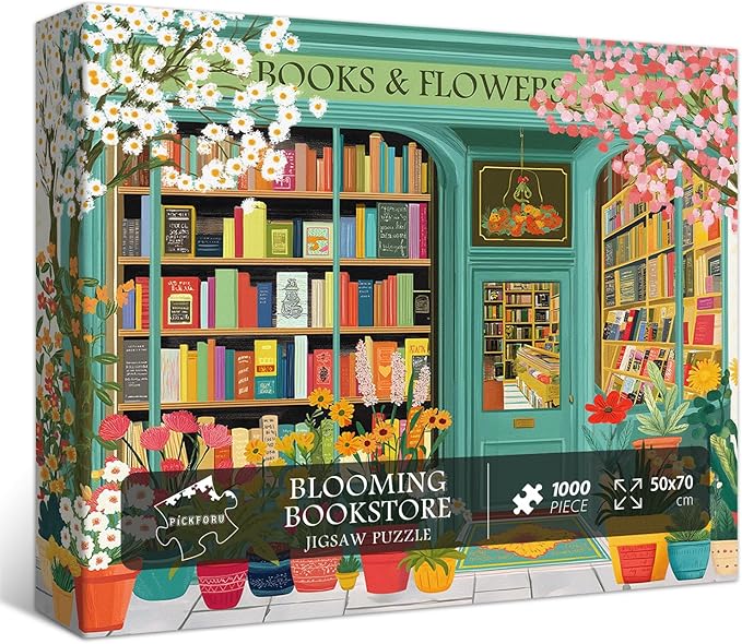 PICKFORU Book Jigsaw Puzzles 1000 Pieces, Spring Flowers Bookstore Puzzles for Adults, Blooming Bookshelf Puzzle as Home Decor