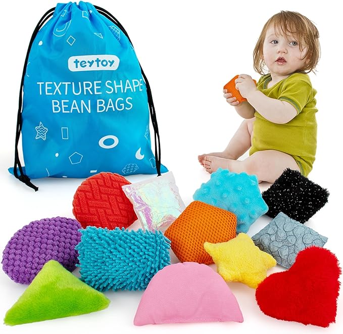 teytoy Texture Sensory Bean Bags Toys for Autism, 12 Fidget Sensory Shape Toy with Storage Bag, Develop Fine Motor Play for Baby Special Needs Developmental Toys for Infant Newborn