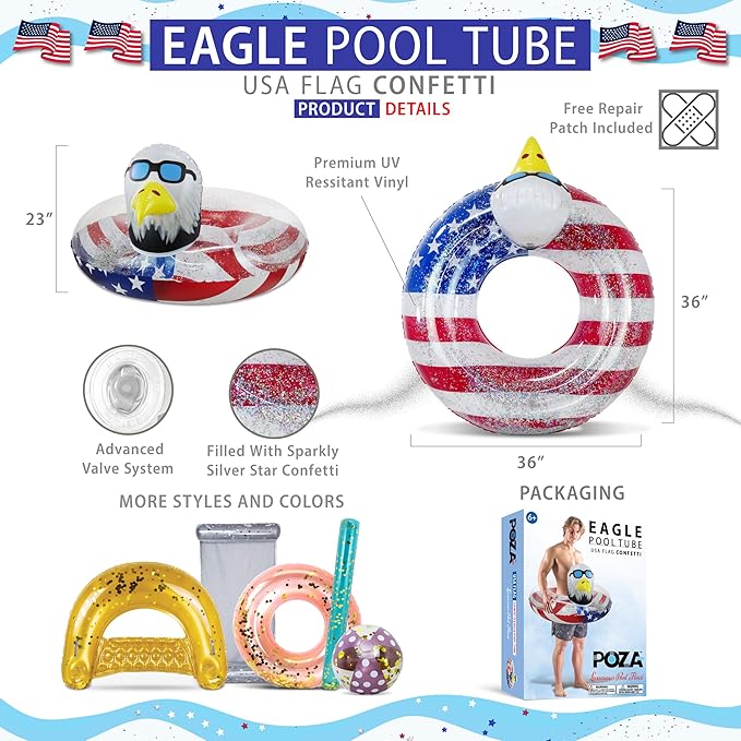 POZA Inflatable USA Pool Float - Luxurious Fun Lounger Filled with Sparkle Silver Stars Confetti, Cool USA Flag Design Water Swimming Pool Floaties for Beach, Lake & Pool