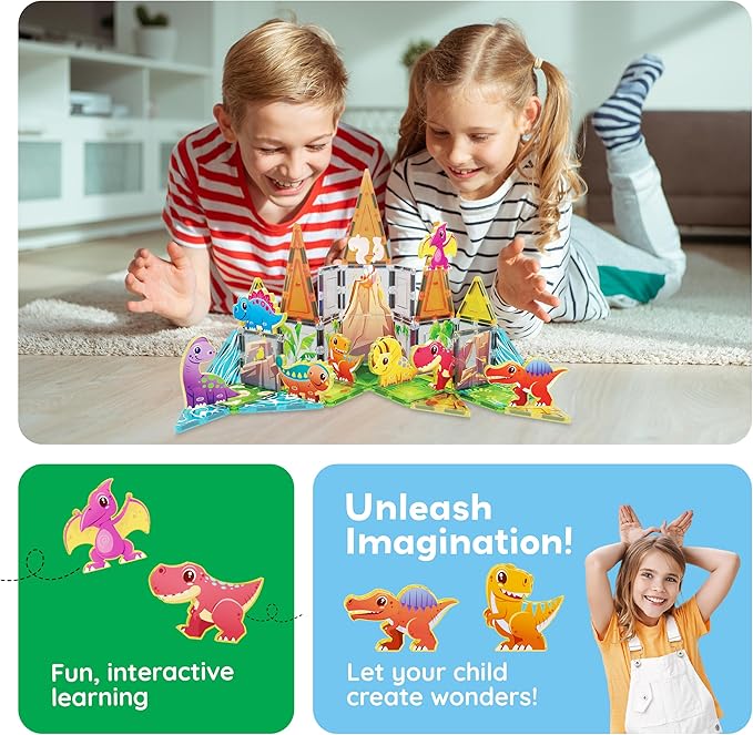 PicassoTiles Magnet Tiles Building Blocks Dinosaur Theme Set with 8 Magnetized Action Figures Magnetic Construction Build and Play Toy with Magnets STEM Learning Activities for Toddlers 3+ PTQ13