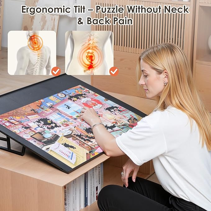 WELGEE 1000-Piecce Tilting Puzzle Board with Stand, 31” x 24” Lightweight Portable Puzzle Table for Adults & Seniors, DIY Customizable Puzzle Accessory Only 3.5 lbs (Black)