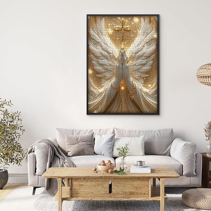Christian Puzzles for Adults 1000 Pieces, White Angel Wings and Cross Religious Puzzles, Faith Spiritual Catholic Jigsaw Puzzle Jesus Holy Blessing, Christian Home Decor