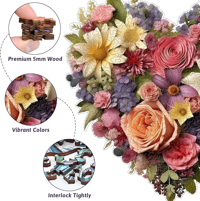 218PCS Wooden Jigsaw Puzzle for Adults – Heart Shaped Floral Puzzle,12.5 x 12.4’’ Unique Cut Valentine’s Day Wooden Puzzles, Romantic Flower Art Puzzles for Wedding (Rose Heart)