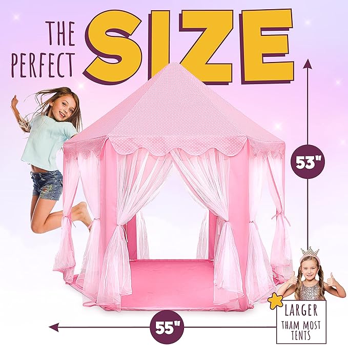 Orian Princess Tent for Kids, Toddler & Kids Pink Play Tent Indoor & Outdoor Princess Castle Fort for Girls and Toddlers Ages 2-7, 55”x53”, LED Star Lights, Children’s Toys and Gifts for Girls