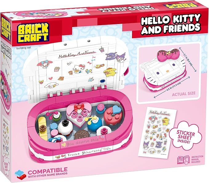 Brickcraft Hello Kitty Dessert Box Building Kit (184-Piece Set), Sanrio Buildable Sweets Set with Chocolate Bow Lid, Decorative Stickers, Gift for Fans Ages 12+