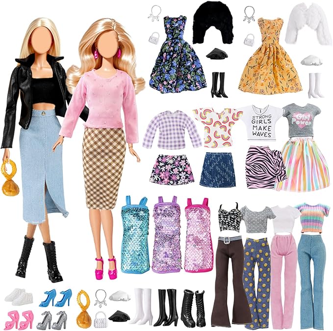 16 Pcs Doll Clothes for 11.5 inch Doll Include 1 Leather Coat Set 1 Fashion Dress Set 1 Pencil Skirt Set 2 Outfits 1 Sequen Dress Shoes Bag Necklace Hat in Random, for Girls