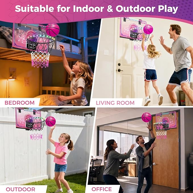 VATOS Basketball Hoop for Girls Indoor, LED Basketball Hoop with 7 Color Lights, Glowing Rim, Scoreboard & Remote Controller, Basketball Set Sports Toys Birthday Gifts for Girls Kids Teens 5-12
