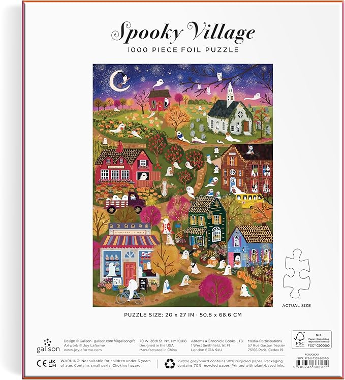 Galison Spooky Village – 1000 Piece Foil Joy Laforme Jigsaw Puzzle Featuring Spooky Artwork of Ghostly Village During Halloween