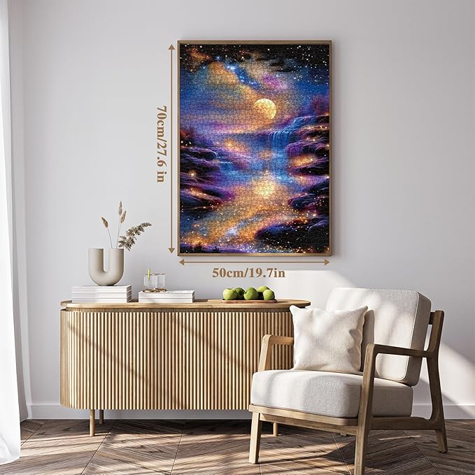 Fantasy Waterfall Landscape Puzzles for Adults 1000 Pieces, River Moon Scenic Jigsaw Puzzle Nature, Starry Night Art Challenging Puzzle as Home Decor