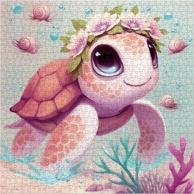 Sea Turtle Puzzle Flower for Adult 1000 Pieces, Ocean Animal Art Puzzles Nature, Cute Underwater Wave Spirit Puzzle as Home Decor
