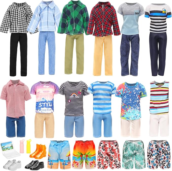 Miunana Lot 16 Items Doll Clothes & Accessories Classic Black Suit for Boy Doll Include Random 4 PCS Casual Wear + 5 PCS Dolls Pants + 3 Pairs of Shoes Laptop Water Bottles