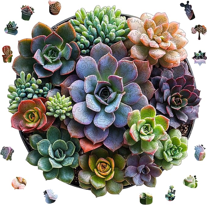 Succulents Wooden Puzzles for Adults,Round Mandala Unique Shaped Flower Liberty Jigsaw Puzzles for Adults and Kids 200 Pieces,Valentine Birthday Gifts,Fun Challenging Family Game,11.2"x11.2"