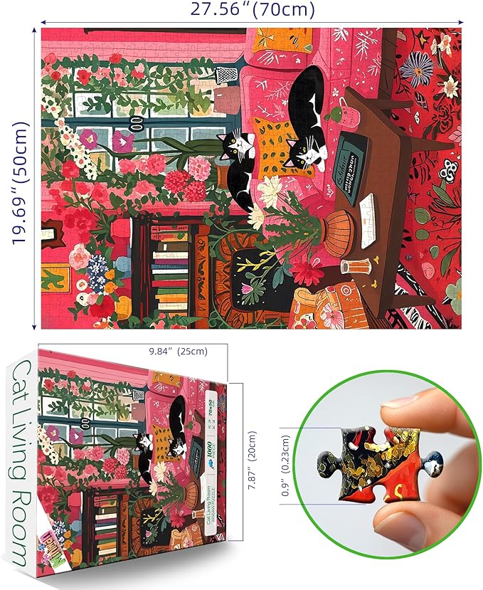 Spring Cozy Room & Cat 1000 Piece Puzzle for Adults, Fun Puzzles for Adults 1000 Pieces with HD Print & Poster, 27.5 * 19.7 in Dust Free, for Gifts Halloween Christmas Family Games Lovers