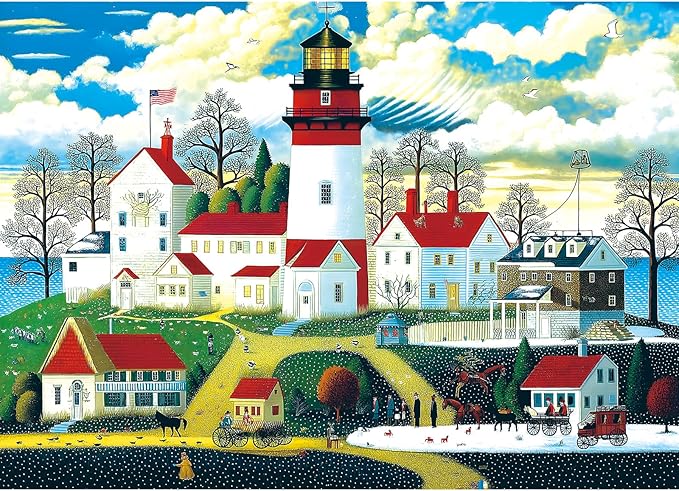 New England Coastal Village Lighthouse Jigsaw Puzzle, 1000 Pieces, Scenic Seaside Art with Horse Carriages, Traditional Folk Art Style
